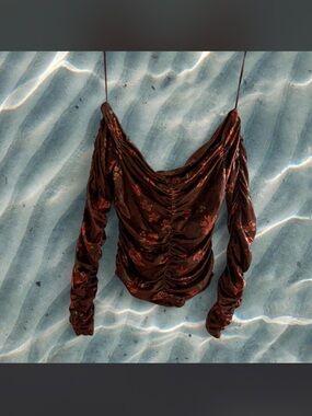 Women's Brown Floral Ruched off shoulder Long-Sleeve Top